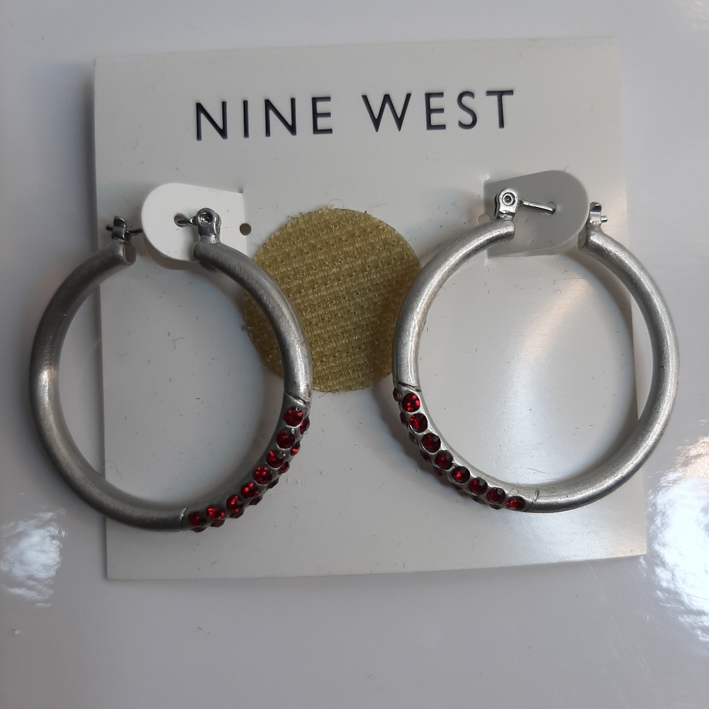 Nine West Silver Hoop Earrings with Red Stones